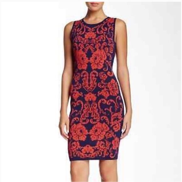 Cynthia Steffe Briella Sleeveless Navy Pink Floral Knit Sheath Dress Size Small - Picture 1 of 8